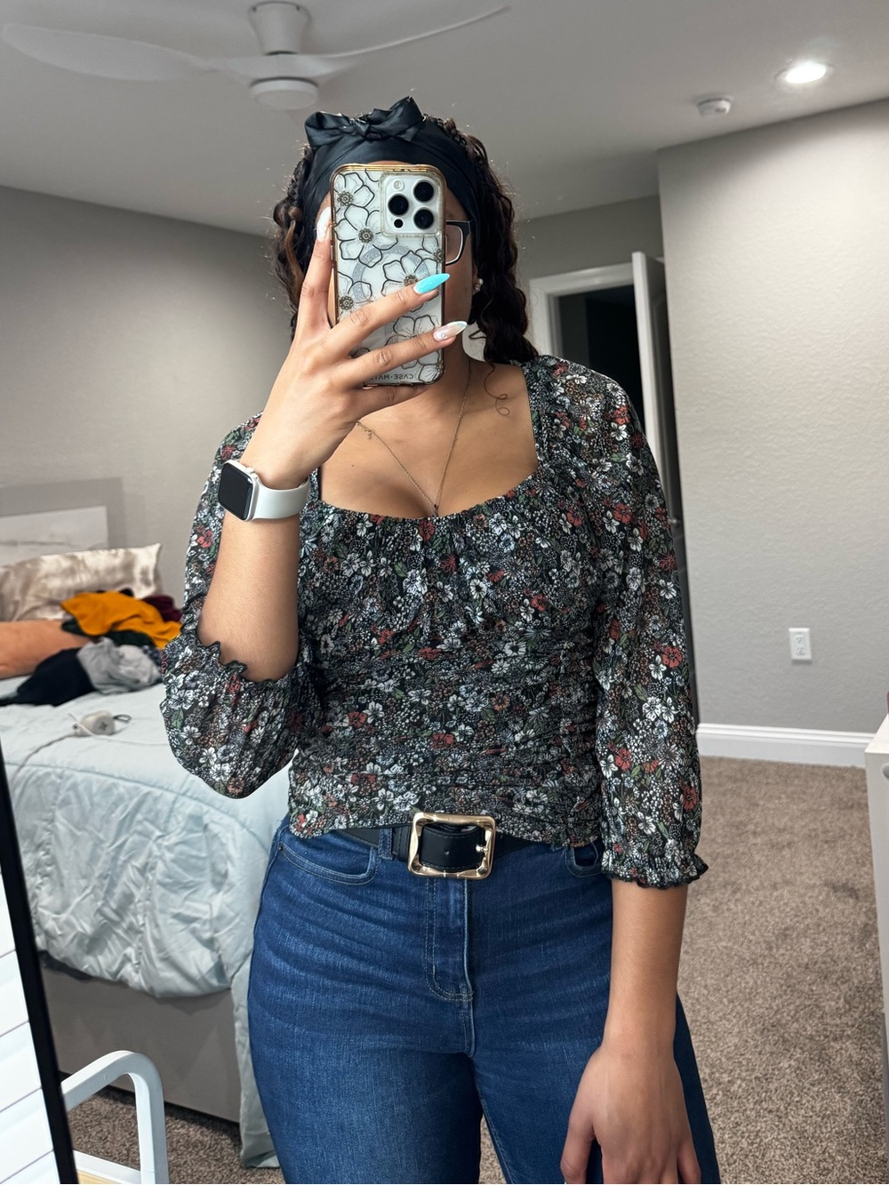 Almost Famous black floral ruched long puff sleeve top